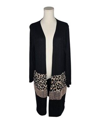 7th Ray Black Leopard Print Sequin Duster Cardigan Small Open Front